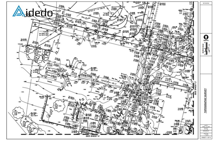 An example of a complete topographic survey drawing, showing all natural and man-made features, elevations, and other relevant details.